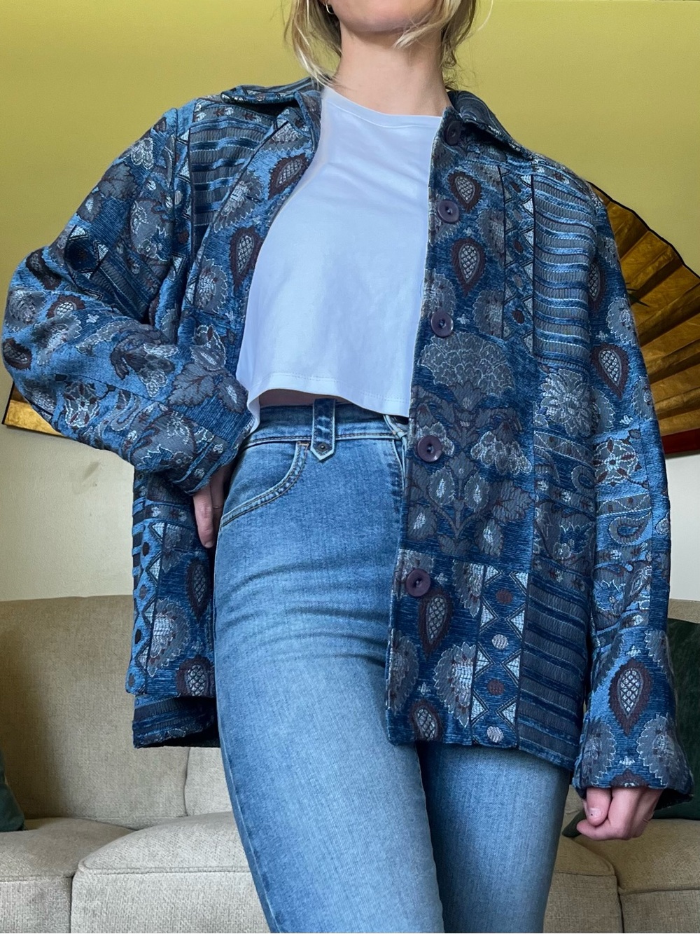 Vintage Tapestry Inspired Blue Patterned Women's Jacket Size 12